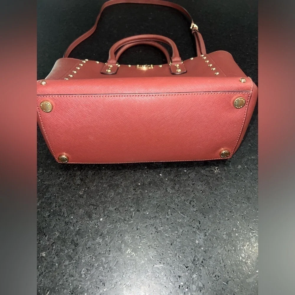 MICHAEL KORS Large Selma BROWN WINE RED colored Studded Saffiano Bag